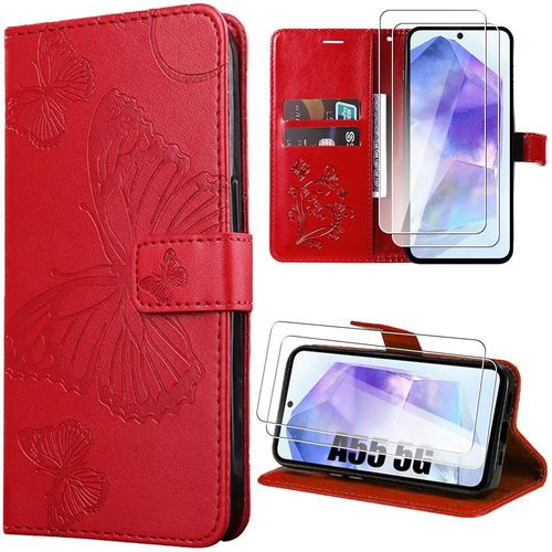 Coque + 2 Verres Trempés Pour Samsung Galaxy A55 5g, Rouge, Effet Cuir À Motif Papillon Avec Suppport - Booling