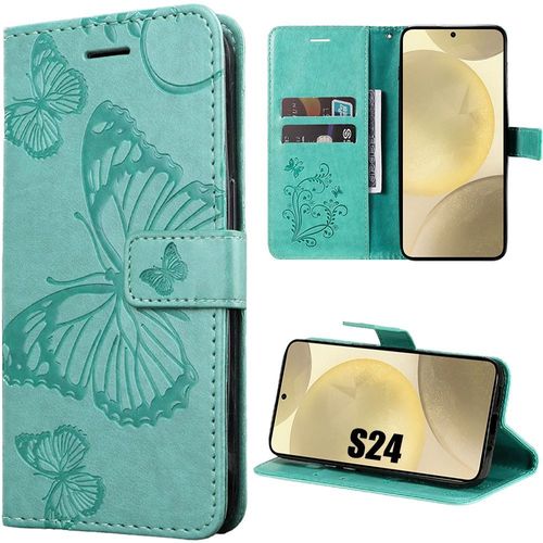 Coque Pour Samsung Galaxy S24 - Vert - Protection Antichoc En Cuir Pu Et Tpu Avec Porte-Cartes Et Support, Motif Papillon - Booling
