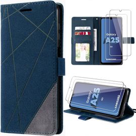 Coque Pour Samsung Galaxy A25 5g, Bleu Marine, Design Linéaire En Cuir Synthétique Avec Porte-Cartes + 2 Verres Trempés - Booling
