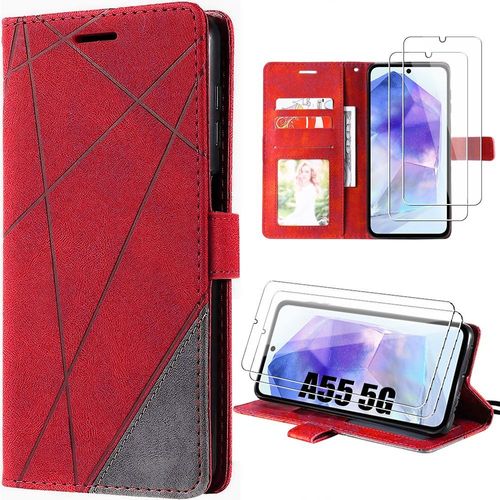 Coque Pour Samsung Galaxy A55 5g, Rouge, Style Linéaire En Cuir Pu Avec Porte-Cartes Et Fonction De Support + 2 Verres Trempés - Booling