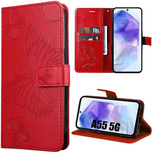 Coque Pour Samsung Galaxy A55 5g, Rouge, Effet Cuir Avec Fonction De Suppport, Motif Papillon Embossé - Booling