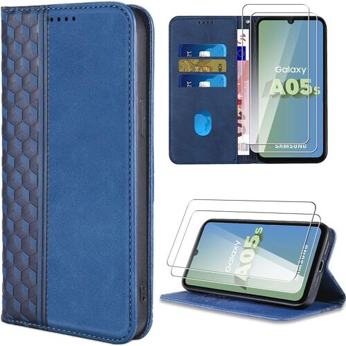 Coque Pour Samsung Galaxy A05s (Pas Pour A05) + 2 Verres Trempés, Bleu Marine, Effet Cuir À Motif Mosaïque Avec Porche À Cartes - Booling