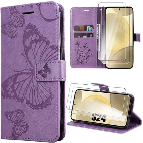 Coque + 2 Verres Trempés Pour Samsung Galaxy S24, Violet, Cuir Pu À Motif Papillon Avec Support Réglable Et Porte-Cartes - Booling