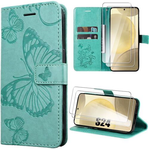 Coque pour Samsung Galaxy S24 avec 2 Verres Trempés, Simili Cuir à Motif Papillon Imprimé avec Porte-cartes et Support, Vert - BOOLING