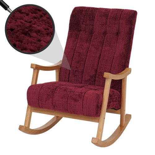 Fauteuil À Bascule Hwc-K10, Relax, Bois Mvg Tissu/Textile Chenille (465g/M²)   Bordeaux, Piètement Naturel