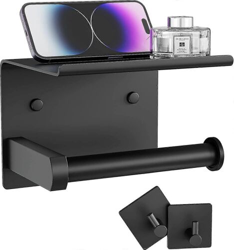 Support de papier toilette avec étagère de téléphone + crochets de peignoir, adhésif ou vissé Distributeur de rouleaux de papier toilette, en acier inoxydable Salle de bain-