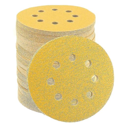 Disque de ponçage d'or, 5 pouces 8 trous Crochet de papier de verre et boucle Disques de ponçage Papier de verre obital rond 120 Grit-100pcs