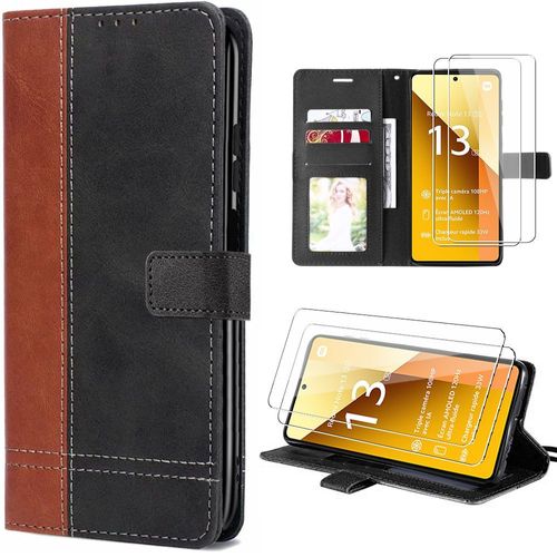 Coque + 2 Verres Trempés Pour Xiaomi Redmi Note 13 5g (Pas Pour 4g), Marron, Etui Bicolore En Cuir Pu Et Tpu Avec Porte-Cartes - Booling