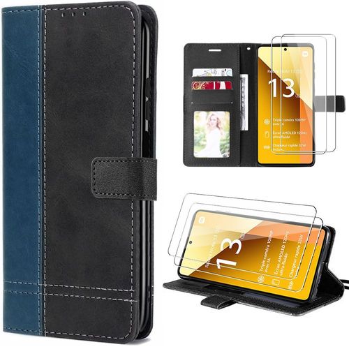 Coque Pour Xiaomi Redmi Note 13 5g (Pas Pour 4g), Bleu Marine, Antichoc Effet Cuir Bicolore Avec Porte-Cartes + 2 Verres Trempés - Booling