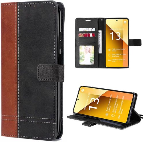 Coque Pour Xiaomi Redmi Note 13 5g (Pas Pour 4g), Antichoc En Cuir Pu Avec Poche À Cartes Et Béquille Réglable, Bicolore - Marron - Booling