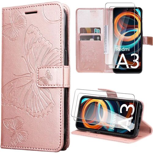 Coque Pour Xiaomi Redmi A3 - Rose - Effet Cuir À Motif Papillon Avec Fentes Pour Cartes Et Béquille + 2 Verres Trempés - Booling