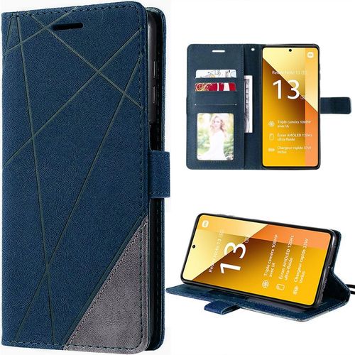 Coque Pour Xiaomi Redmi Note 13 5g (Pas Pour 4g), Bleu Marine, Design Rétro Linéaire, Antichoc Cuir Pu Avec Porte-Cartes Et Support - Booling