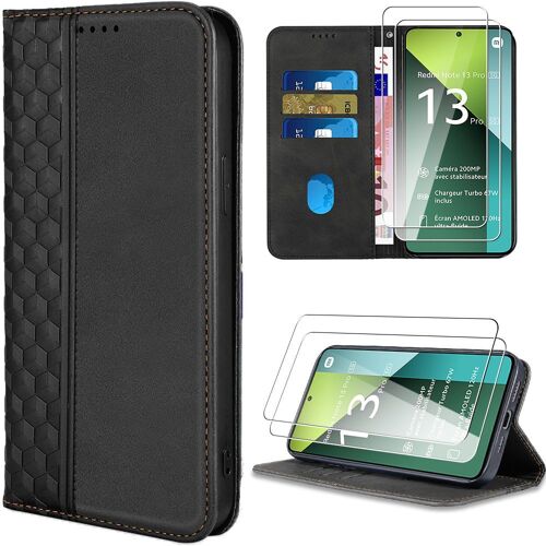 Coque Pour Xiaomi Redmi Note 13 Pro 5g (Pas Pour 4g) + 2 Verres Trempés, Effet Cuir Avec Poche À Carte, Motif Mosaïque - Noir - Booling