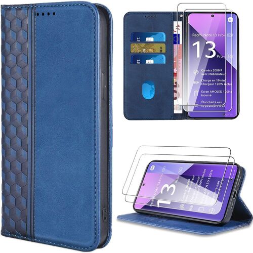 Coque + 2 Verres Trempés Pour Xiaomi Redmi Note 13 Pro+ 5g / Note 13 Pro Plus 5g, Cuir Pu À Motif Mosaïque Avec Support, Bleu Marine - Booling