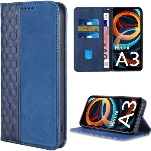 Coque Pour Xiaomi Redmi A3, Bleu Marine, Etui Effet Cuir Avec Fentes Pour Cartes Et Béquille Réglable, Motif De Treillis - Booling