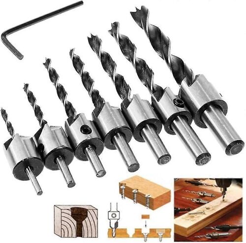 Countersink Drill Bit Set, 8pcs Hss 5 Flûte Menuiserie Contre-évier Coeur Forets Countersink 3-10mm