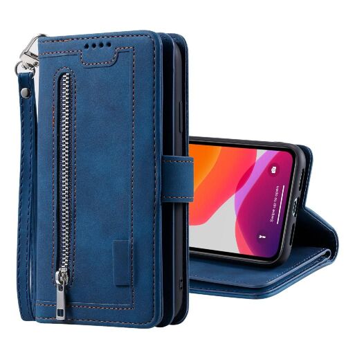 Flip Étui Pour Iphone 12 Mini Lanière Cuir Pu 9 Fentes Pour Cartes Portefeuille Bicelle - Bleu