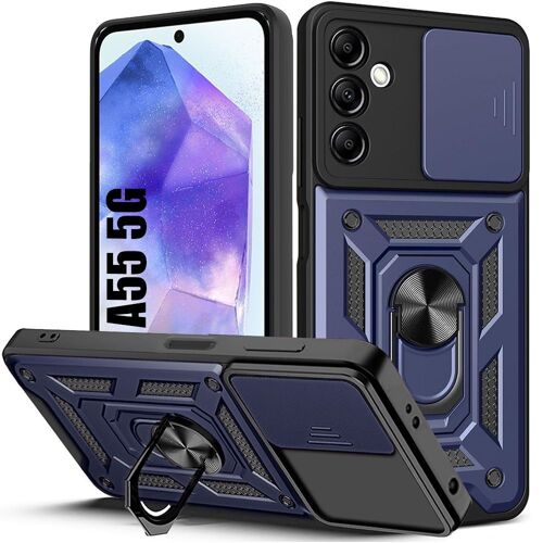 Coque Pour Samsung Galaxy A55 5g, Bleu Marine, Antichco En Pc + Tpu Avec Support À Anneau 360 ° Rotatif Et Protège-Caméra - E.F.Connection