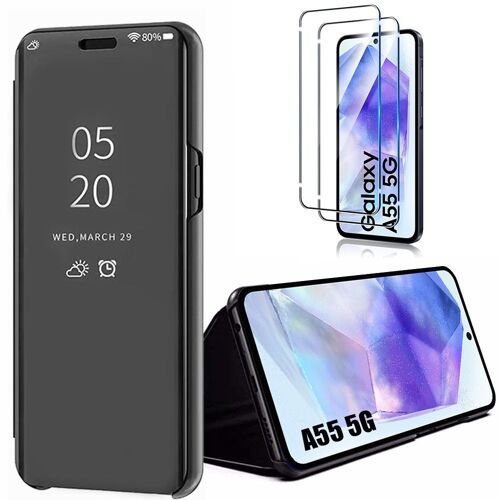 Coque pour Samsung Galaxy A55 5G, Flip Cover 360° Antichoc avec Stand Fonction, Effet Chromé Mirror, Noir + 2 Verres Trempés - E.F.Connection