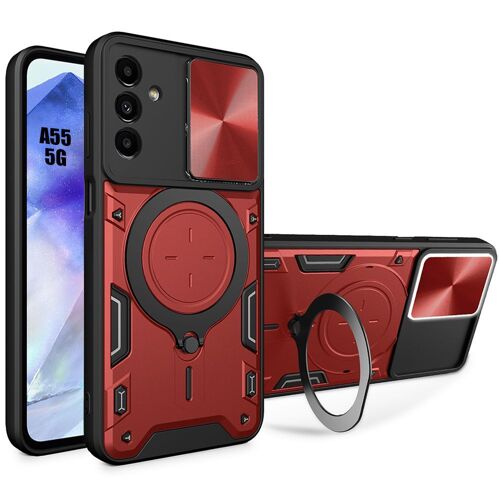 Coque pour Samsung Galaxy A55 5G, Rouge, Protection Antichoc en PC + TPU, Support Rotatif et Protection Caméra - E.F.Connection