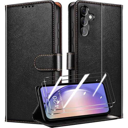 Coque + 2 Verres Trempés pour Samsung Galaxy A25 5G, Coque Effet Cuir Antichoc avec Porte-Cartes et Support Réglable - Noir - E.F.Connection