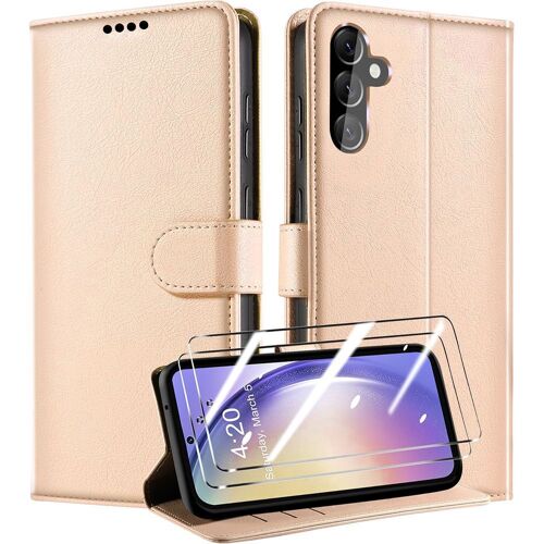 Coque Pour Samsung Galaxy A25 5g + 2 Verres Trempés, Antichoc En Cuir Synthétique Avec Porche À Cartes Et Support - Doré - E.F.Connection