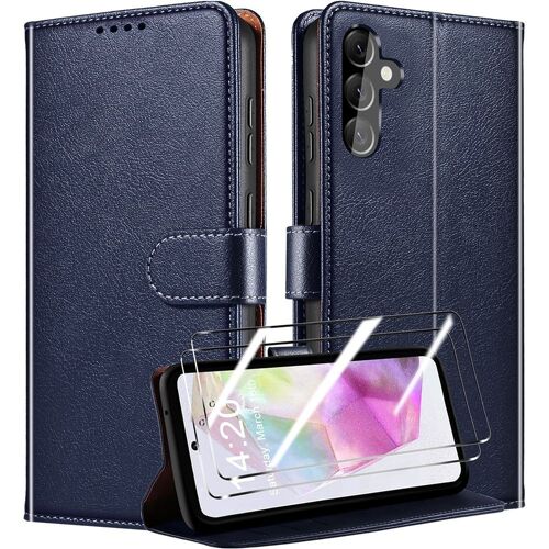 Coque + 2 Verres Trempés Pour Samsung Galaxy A35 5g, Antichoc Effet Cuir Avec Porte-Cartes Et Support Réglable, Bleu Marine - E.F.Connection