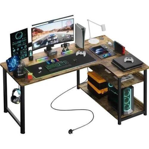 Bureau Gaming en Forme de L Marron - Étagères Rangement - Port de Charge USB - Prise de Courant