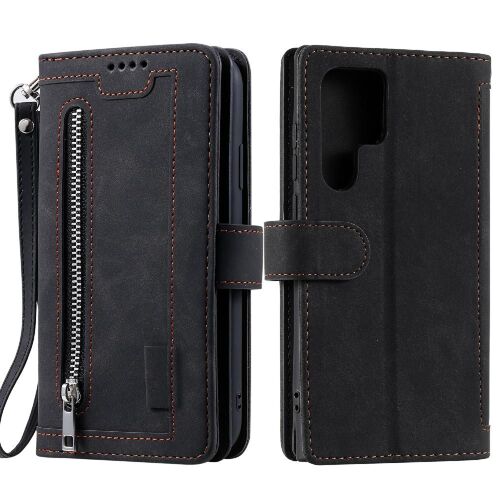 Flip Étui Pour Samsung Galaxy S24 Plus Cuir Pu Bicelle Lanière 9 Fentes Pour Cartes Portefeuille - Noir