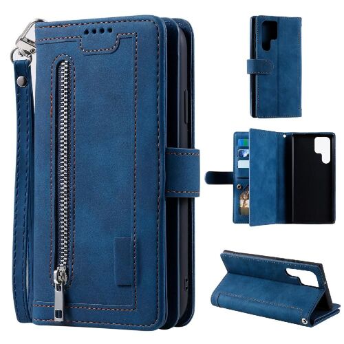 Flip Étui Pour Samsung Galaxy S24 Plus Cuir Pu Bicelle Lanière 9 Fentes Pour Cartes Portefeuille - Bleu