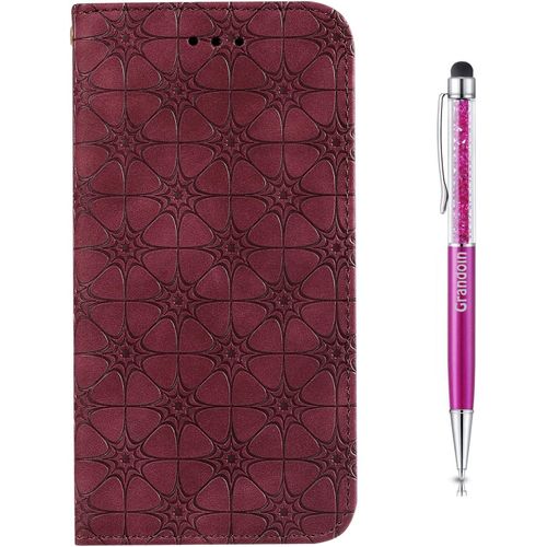 Coque Pour Xiaomi Redmi Note 9 Pro, [Gaufrage De Licorne] Bookstyle Flip Cover De En Pu Cuir Tpu Souple Phone Case (Rouge)