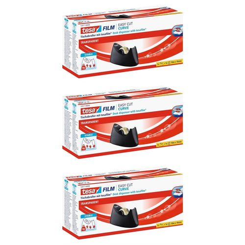 Tesa Lot De 3 Dévidoirs Tesafilm Easy Cut Curve Noir Avec Rouleau Transparent 10mx19mm
