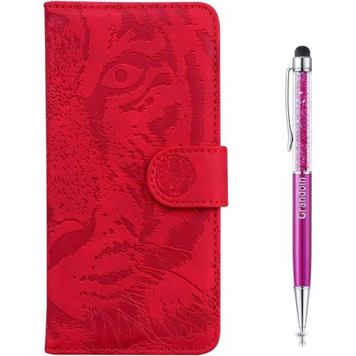 Coque Pour Redmi Note 9 Pro Max, [Gaufrage De Tigre] Bookstyle Flip Cover De En Pu Cuir Tpu Souple Phone Case Pour Xiaomi Redmi Note 9 Pro Max(Rouge)
