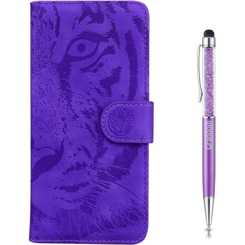 Coque Pour Redmi Note 9s, [Gaufrage De Tigre] Bookstyle Flip Cover De En Pu Cuir Tpu Souple Phone Case Pour Xiaomi Redmi Note 9s(Violet)
