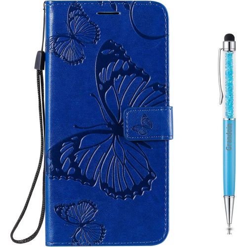 Coque Pour Xiaomi Redmi 9c, Papillon Gaufrage Pu Premium Bookstyle Flip Tpu Souple Phone Case Fermeture (Bleu