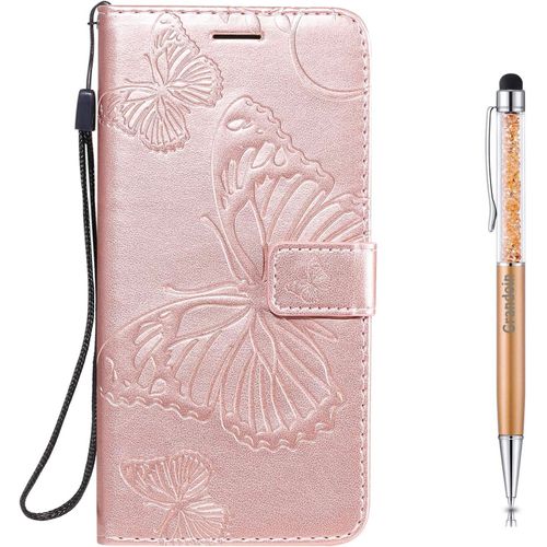 Coque Pour Samsung Galaxy M11, Papillon Gaufrage Pu Premium Bookstyle Flip Tpu Souple Phone Case Fermeture (Or Rose