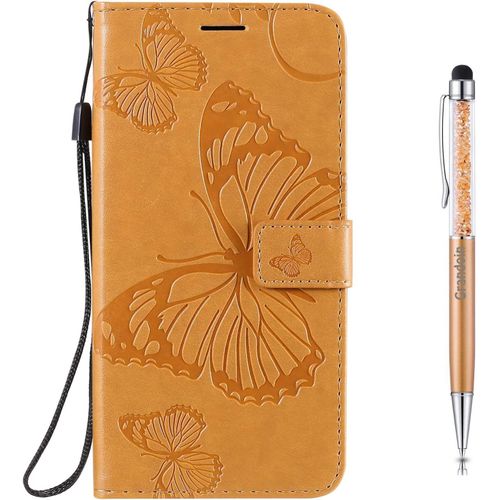 Coque Pour Samsung Galaxy M11, Papillon Gaufrage Pu Premium Bookstyle Flip Tpu Souple Phone Case Fermeture (Jaune