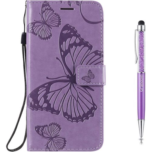 Coque Pour Xiaomi Redmi 9a, Papillon Gaufrage Pu Premium Bookstyle Flip Tpu Souple Phone Case Fermeture (Violet