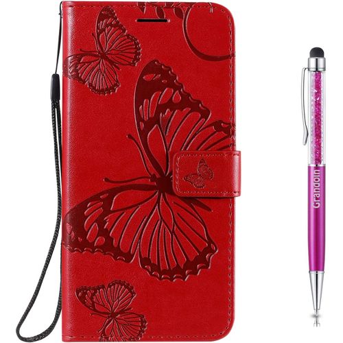 Coque Pour Xiaomi Redmi Note 9 Pro, Papillon Gaufrage Pu Premium Bookstyle Flip Tpu Souple Phone Case Fermeture (Rouge