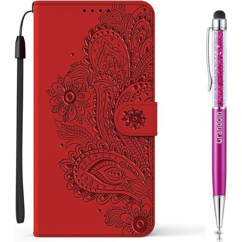 Coque Pour Xiaomi Redmi Note 9 Pro 5g / Mi 10t Lite 5g, [Gaufrage Paon] Bookstyle Flip Cover De En Pu Cuir Tpu Souple Phone Case (Rouge)