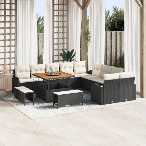 Canapé De Jardin 13 Pièces Avec Coussins Noir Poly Rotin Acacia, Canapé De Jardin 2 Places Avec Rangement Et Coussins Noir Poly Rotin, Ensemble De Repas De Jardin 3 Pièces Avec Coussins Noir Poly Rotin Acacia