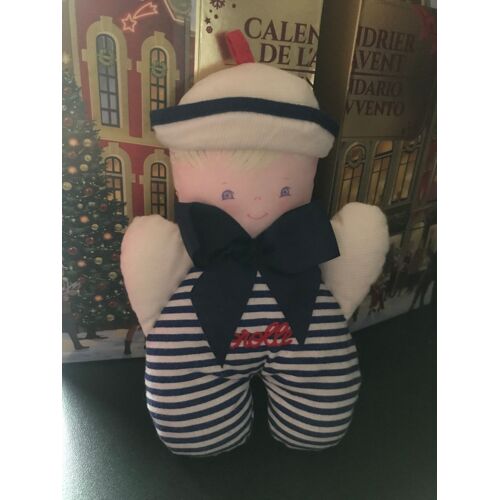 Doudou Poupée Chiffon Marin Blond Souriant Rayé Bleu Noeud Corolle 21 Cm