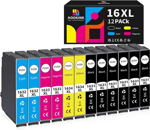 16XL Cartouche d'encre Compatible pour Cartouche Epson 16 XL pour Workforce WF-2510 WF-2750 WF-2760 WF-2660 WF-2650 WF-2630 WF-2540 WF-2530 WF-2010 (6 Noir 2 Cyan 2 Magenta 2 Jaune,12-Pack)
