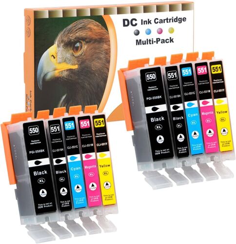 10x Cartouches d'encre Compatible pour Canon PGI-550 XL CLI-551 XL pour Canon Pixma MG6450 MG6650 MG7100 MG7150 MG7550 MX925 iP7200 iP7250 MG5400 Series MG5550 MG5650 MG5655 MX725 MX920 iP8750