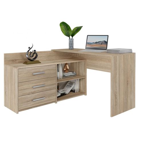 Moline - Bureau D'angle Avec Rangement - 3 Tiroirs + 2 Etagères - 120x50x76 Cm - Bureau D'ordinateur - Sonoma