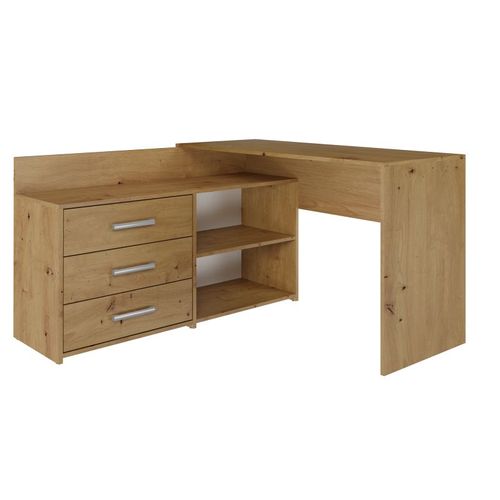 Moline - Bureau D'angle Avec Rangement - 3 Tiroirs + 2 Etagères - 120x50x76 Cm - Bureau D'ordinateur - Chêne