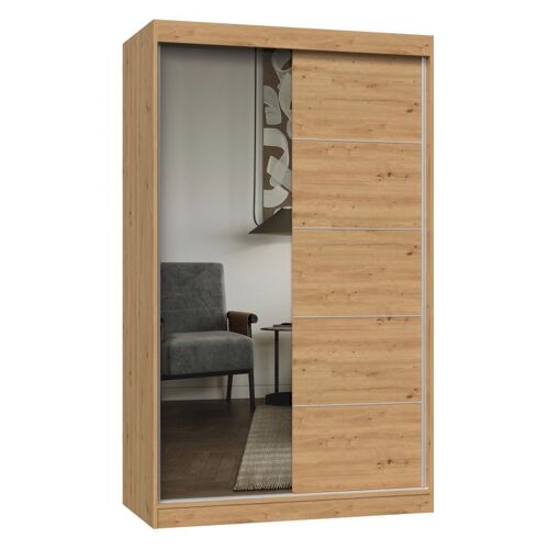 Paolo - Armoire À 2 Portes Coulissantes - 1 Miroir - Largeur 120 Cm - Dressing De Chambre 2 Portes - Chêne