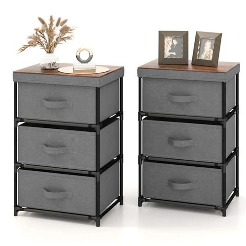 Costway Lot De 2 Commode 3 Tiroirs En Tissu 40 X 30 X 62 Cm, Table De Chevet Avec Cadre En Métal, Pour Chambre, Industriel, Gris