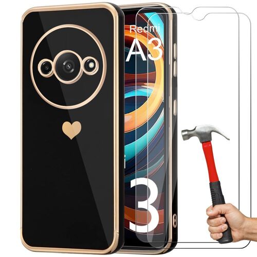 Coque + 2 Verres Trempés pour Xiaomi Redmi A3 Noir, Antichoc en Silicone, Motif dAmour Plaqué or - E.F.Connection