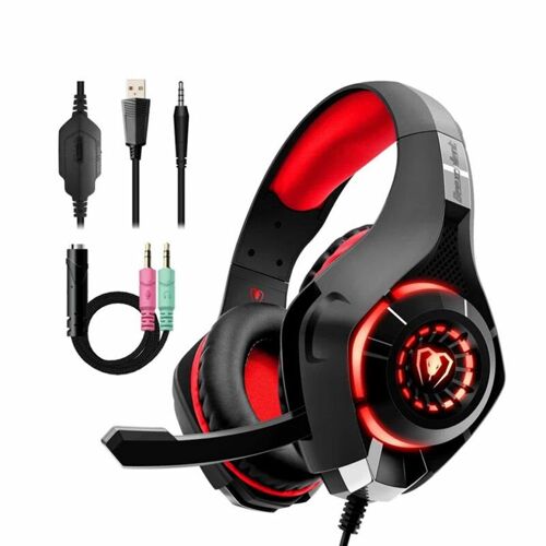 Casque de jeu stéréo Casque Deep Bass Casque de jeu stéréo avec micro lumière LED pour PS4 Phone PC Laptop Gamer,Red